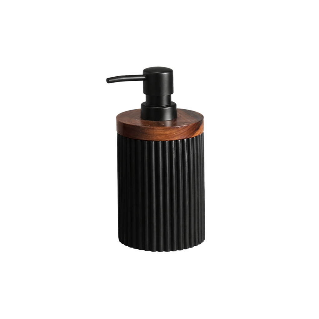 Dispenser de jabón de poliresina negro con detalle en madera acacia COMBA