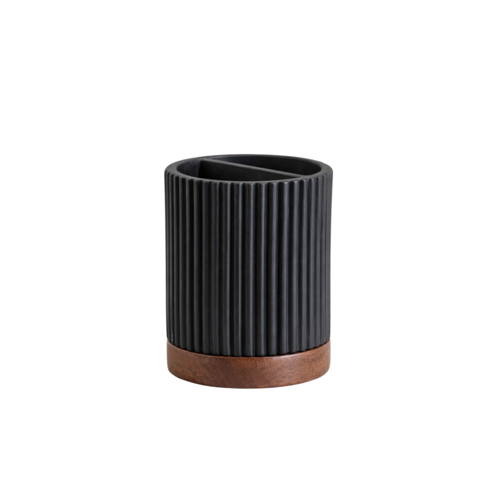 Portacepillos de poliresina negro con detalle en madera acacia COMBA